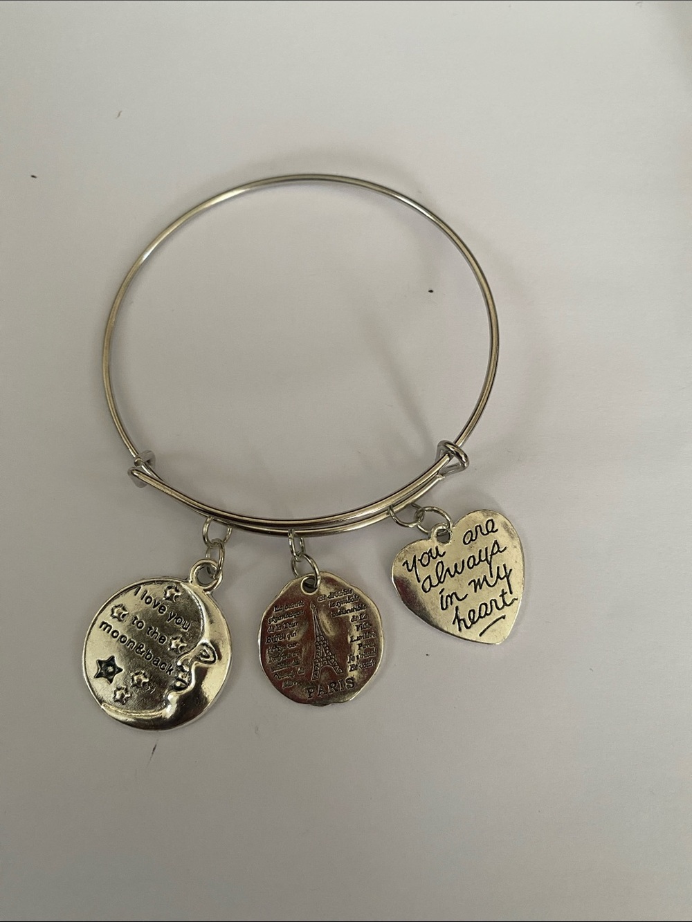 Hand Crafted Silver Charm Bangle Bracelet with Heart, Coin & Moon Charms
